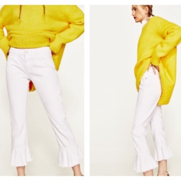 Zara Frill Ruffle Crop Capri Cropped Jeans - Picture 2 of 11
